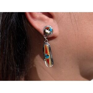 Zuni Sunface Sterling Silver Inlay Dangle Earrings, Handcrafted by Edaakie